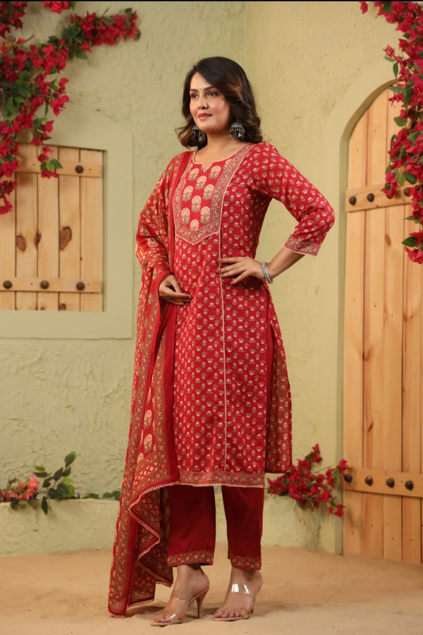 Red Handblock Dupatta Set