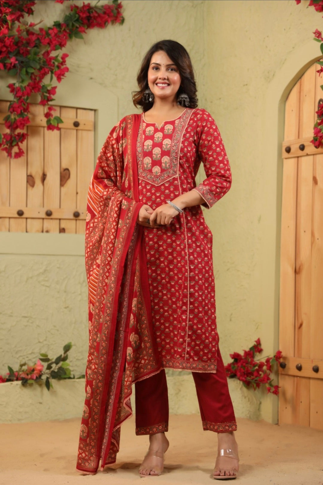 Red Handblock Dupatta Set