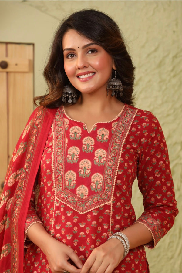 Red Handblock Dupatta Set