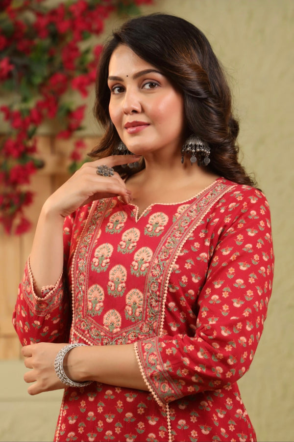 Red Handblock Dupatta Set