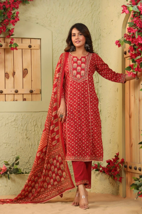 Red Handblock Dupatta Set
