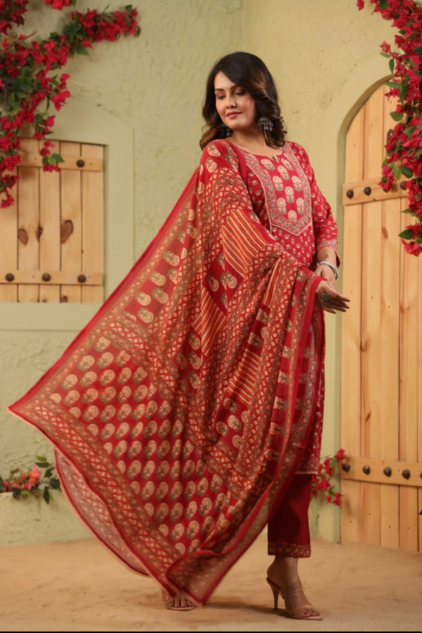 Red Handblock Dupatta Set