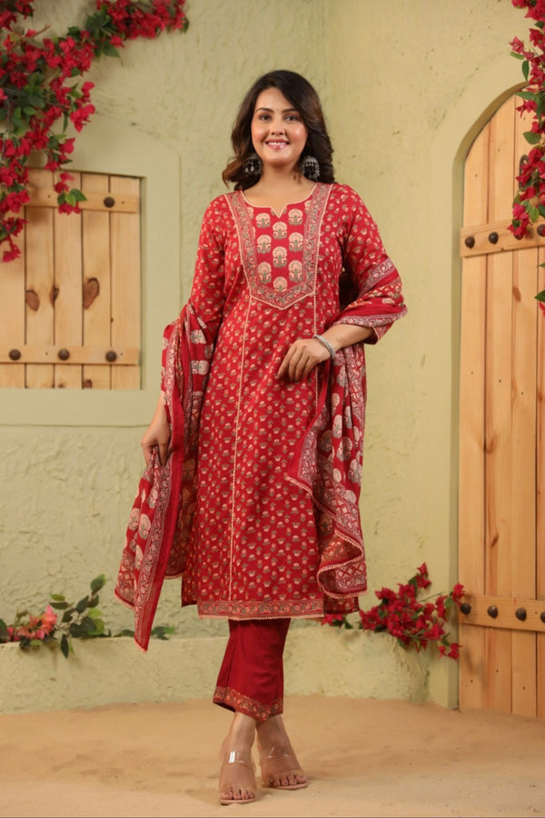Red Handblock Dupatta Set