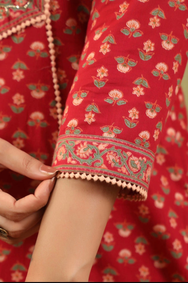 Red Handblock Dupatta Set