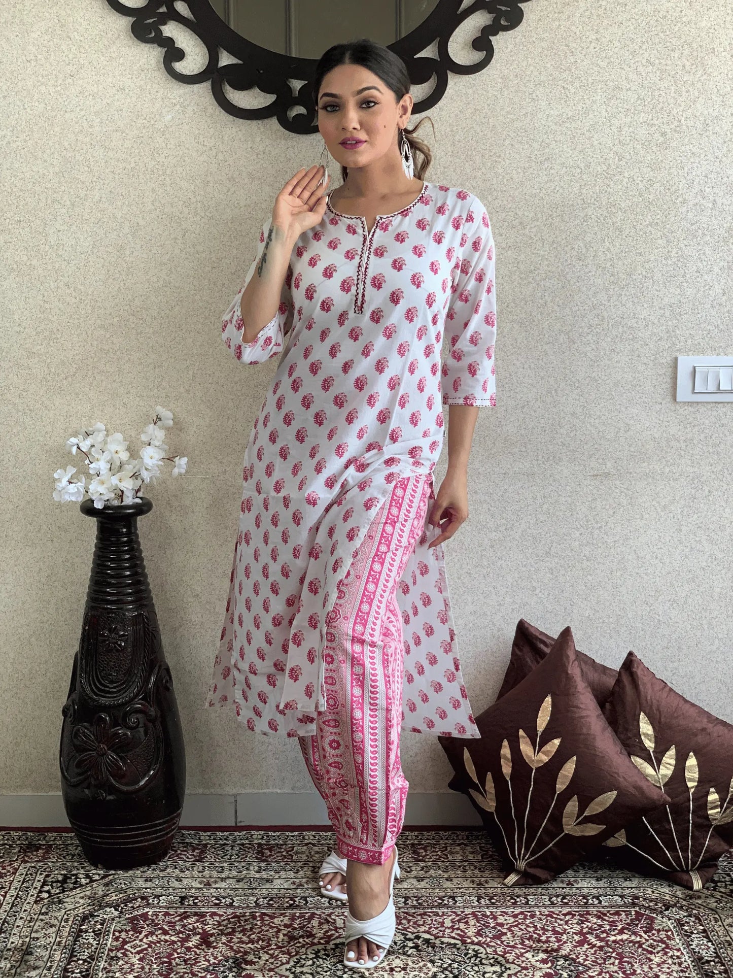 White Hand Block Kurta Set