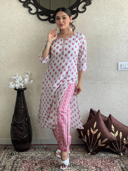 White Hand Block Kurta Set