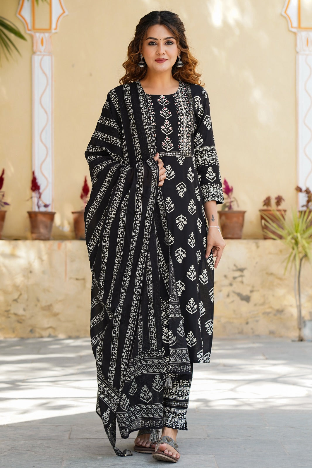 Black Printed Kurta with Dupatta set