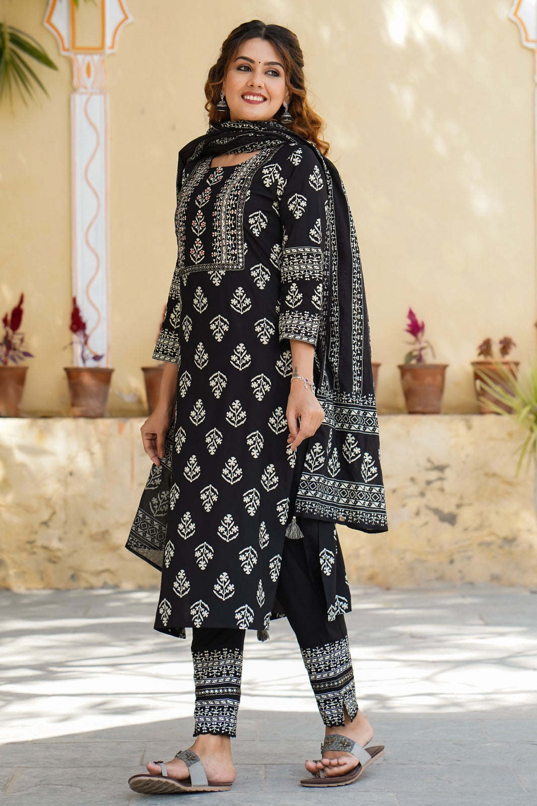 Black Printed Kurta with Dupatta set