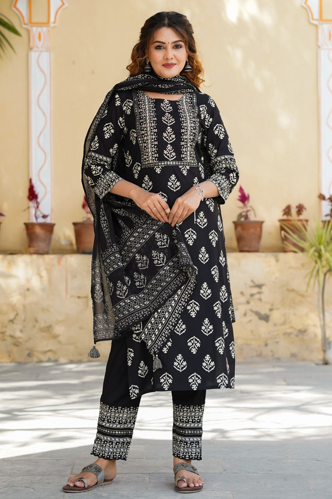 Black Printed Kurta with Dupatta set