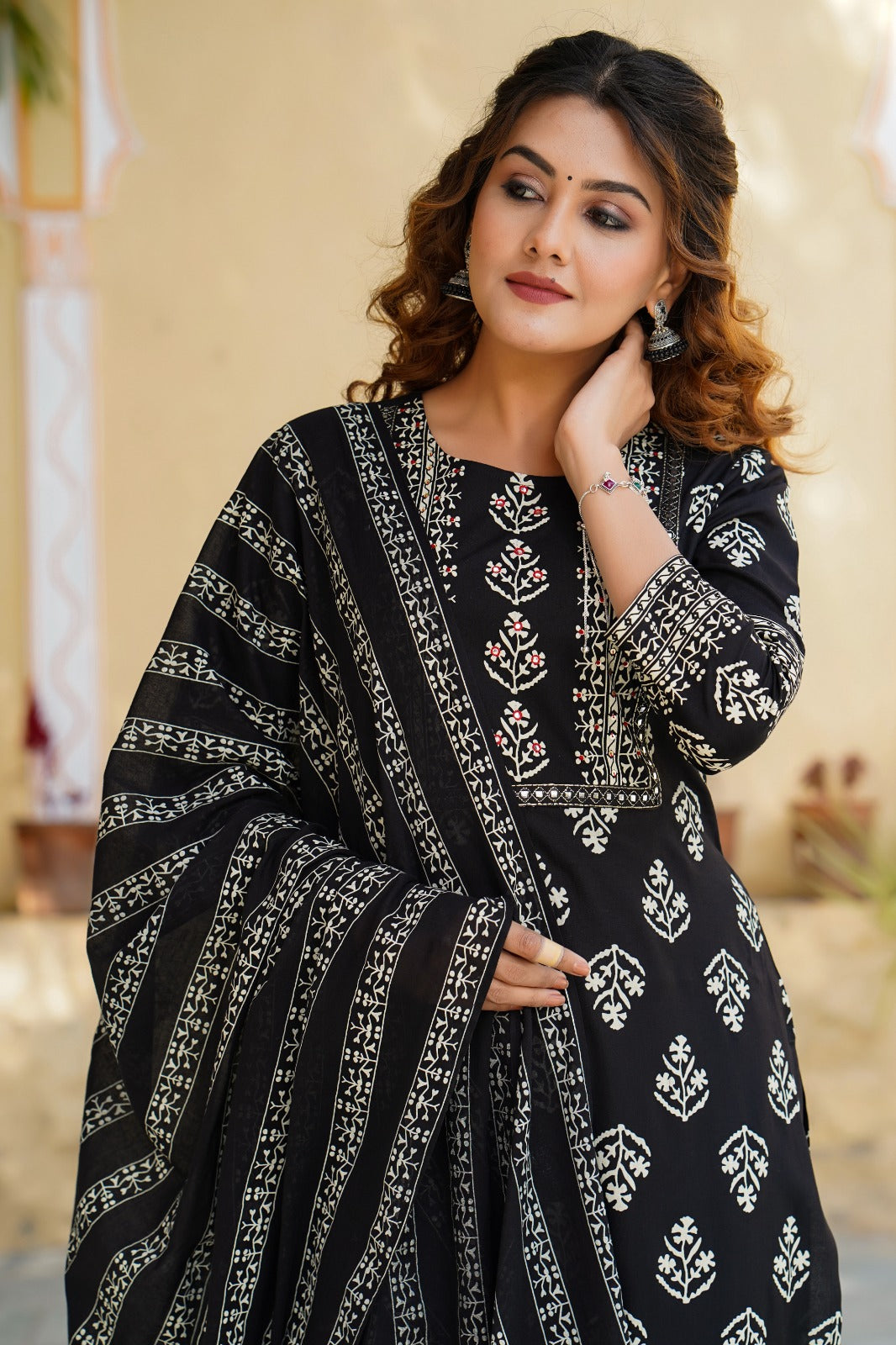 Black Printed Kurta with Dupatta set