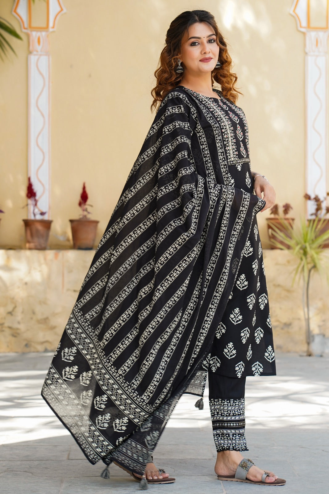 Black Printed Kurta with Dupatta set