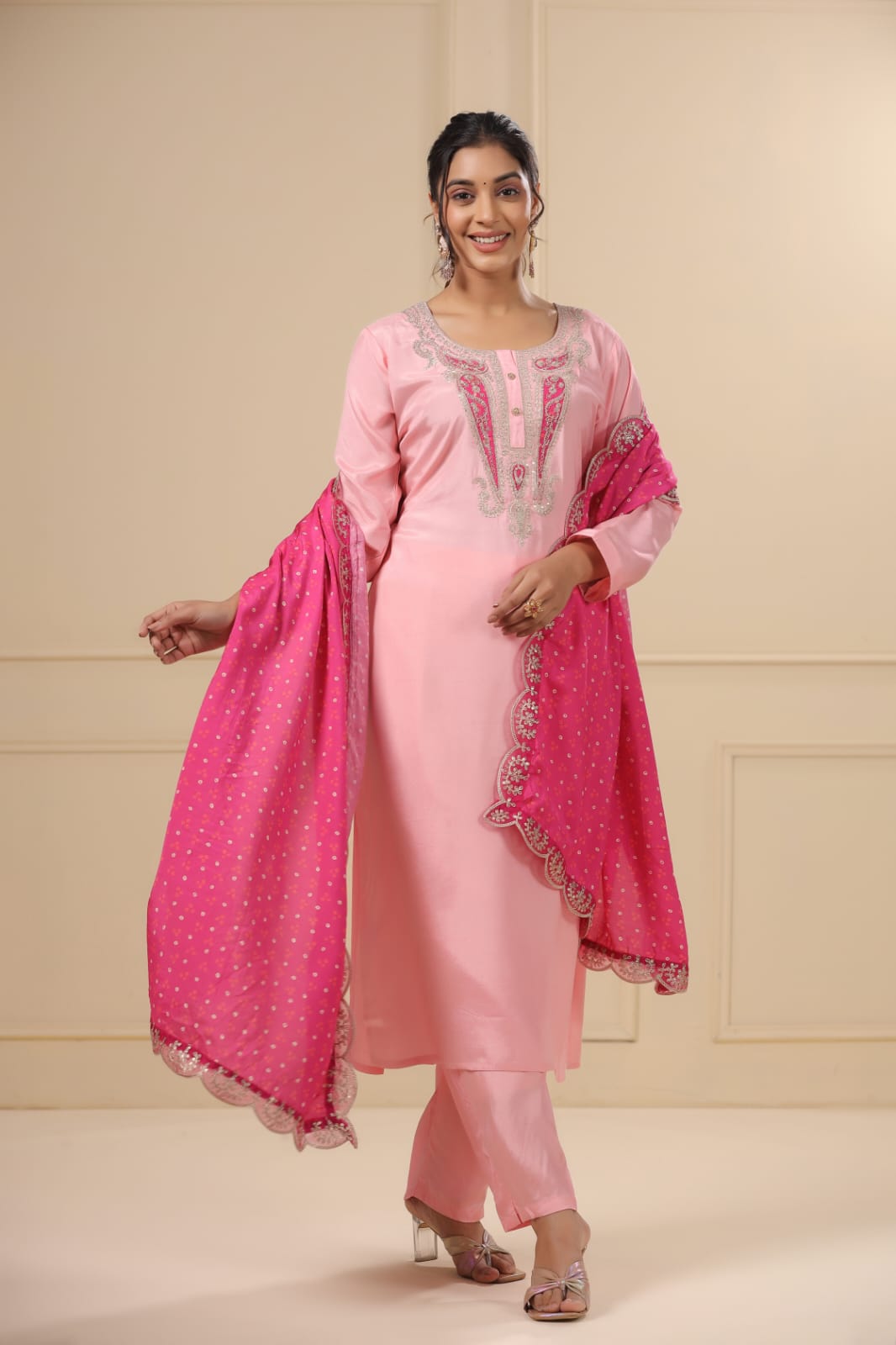 Pink Muslin silk Kurta pant with Dupptta set