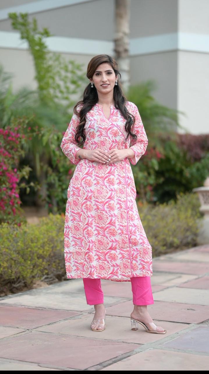 Pink Flower Printed Cotton Kurta pant set