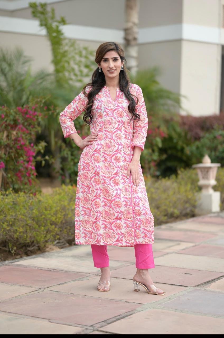 Pink Flower Printed Cotton Kurta pant set