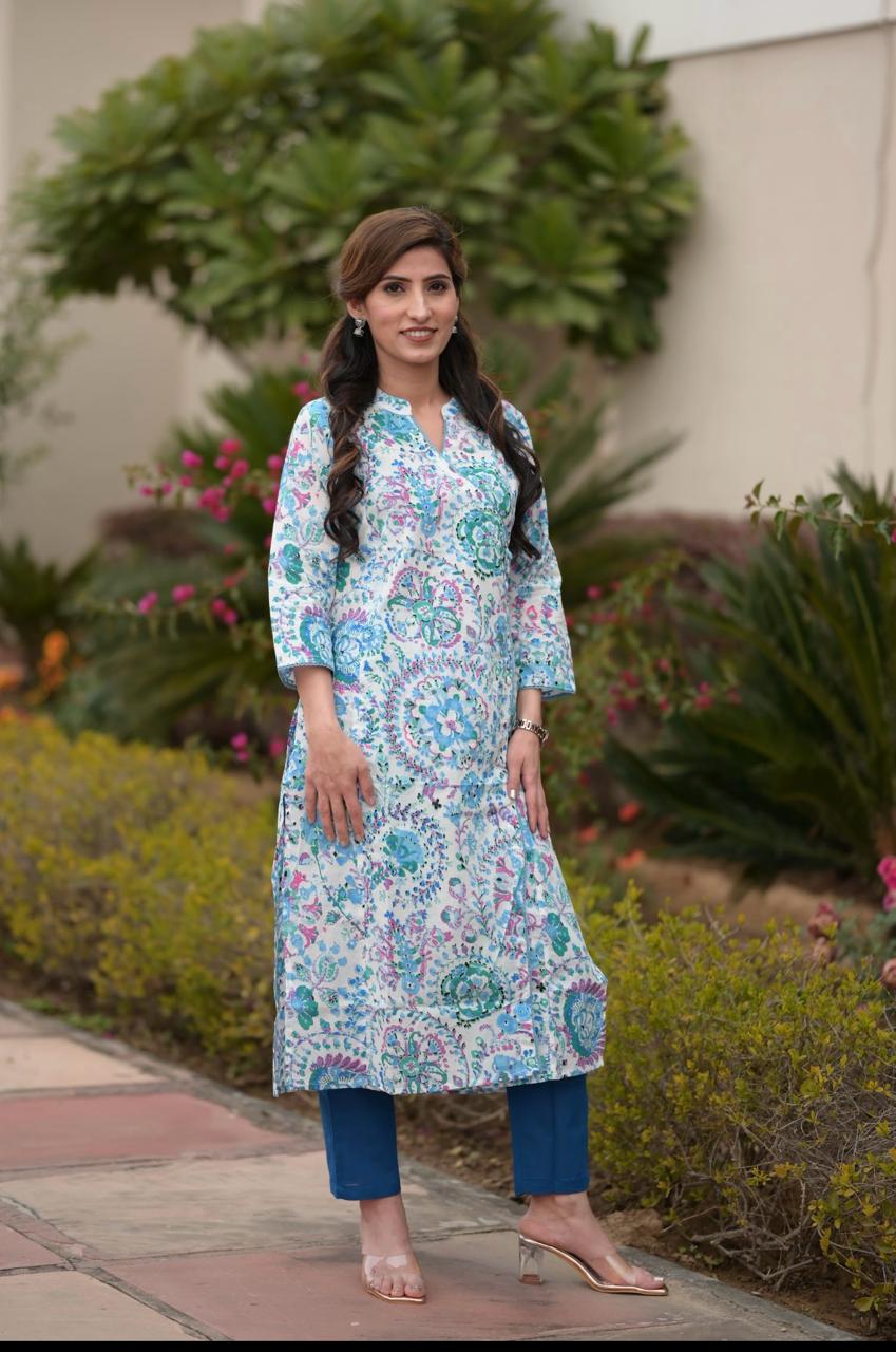 Blue Printed Cotton Kurta pant set