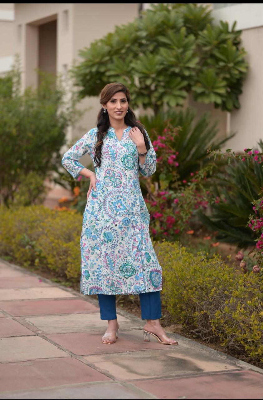 Blue Printed Cotton Kurta pant set