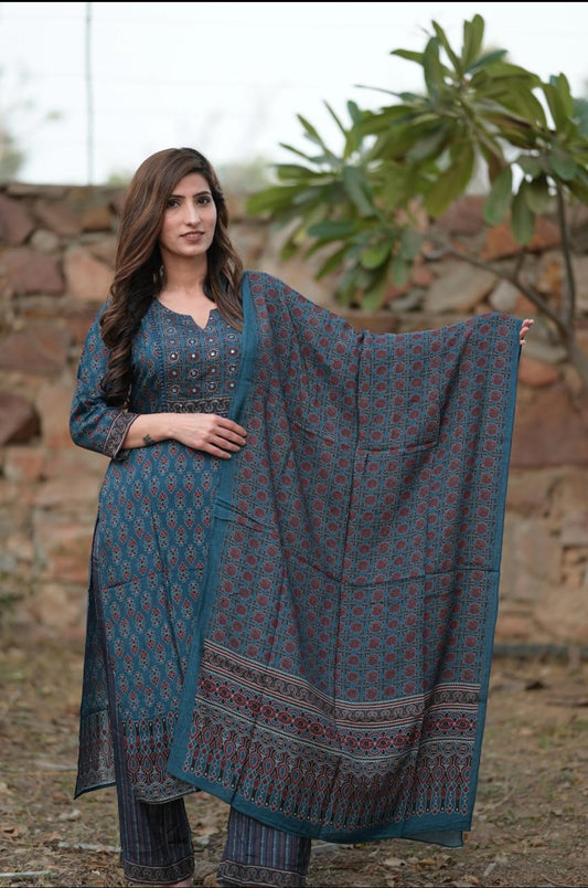 Blue Muslin Dupatta Set
