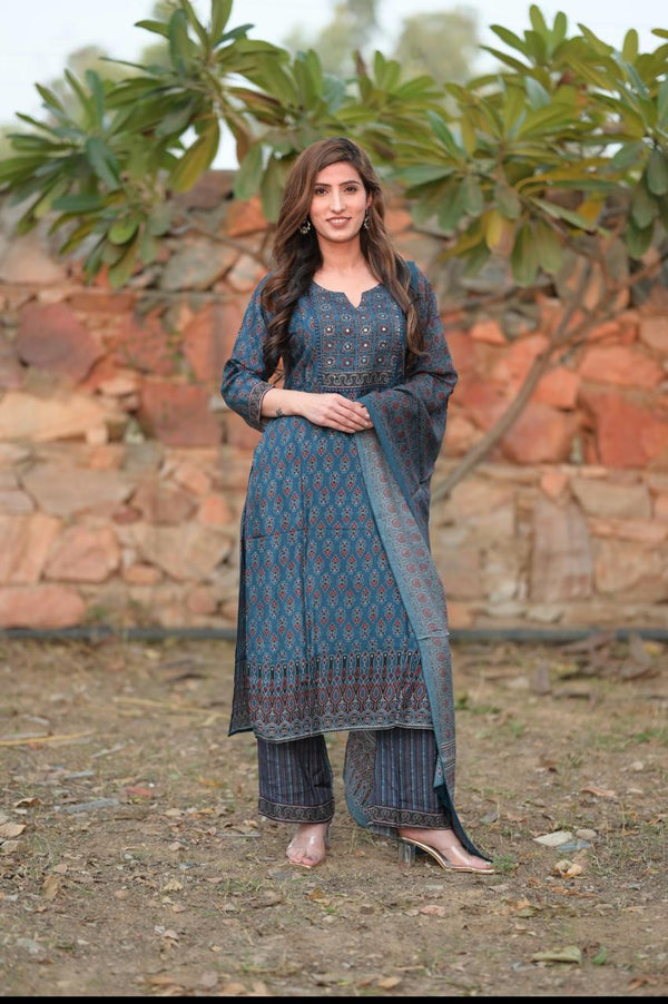 Blue Muslin Dupatta Set