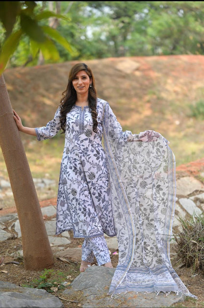 Grey Floral Dupatta Set