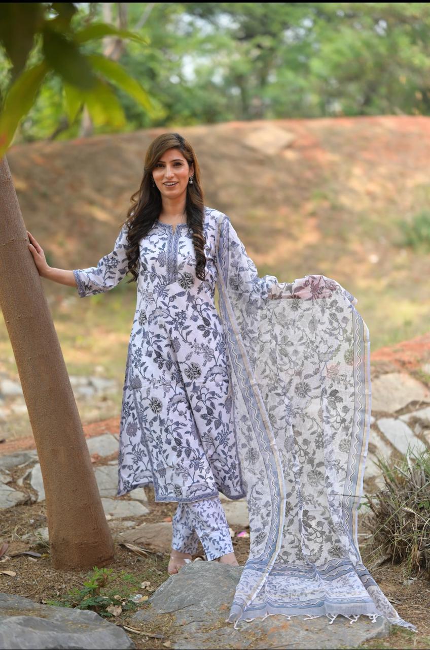 White grey Floral Printed Kurta Set