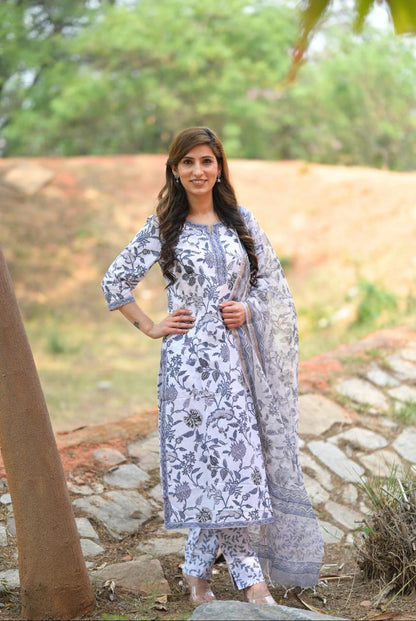 Grey Floral Dupatta Set