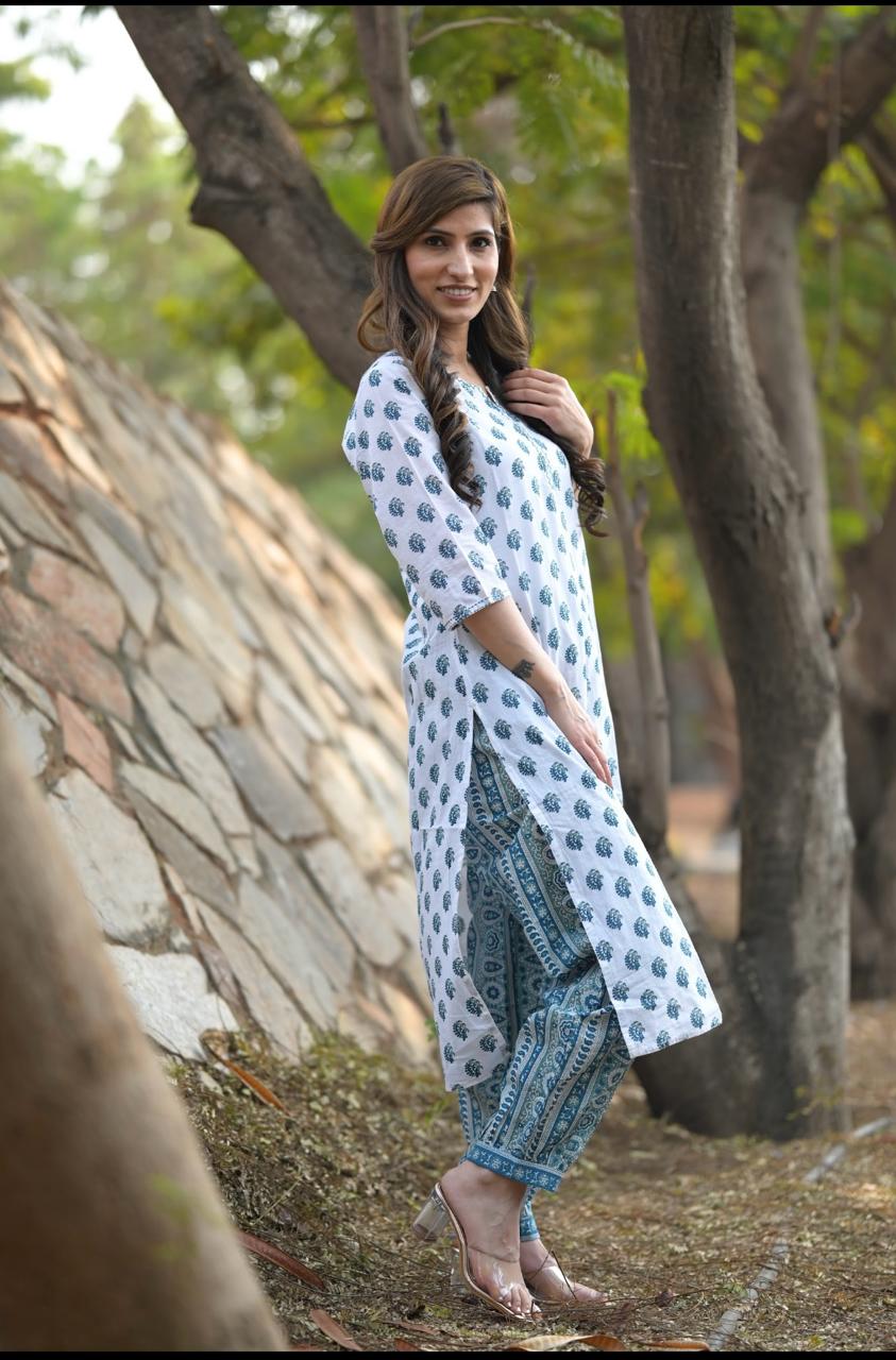 Block Print White Kurta Pant set