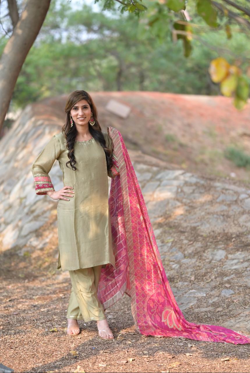 Pale Gold Color Upada Silk kurta-pant With Dupptta Set