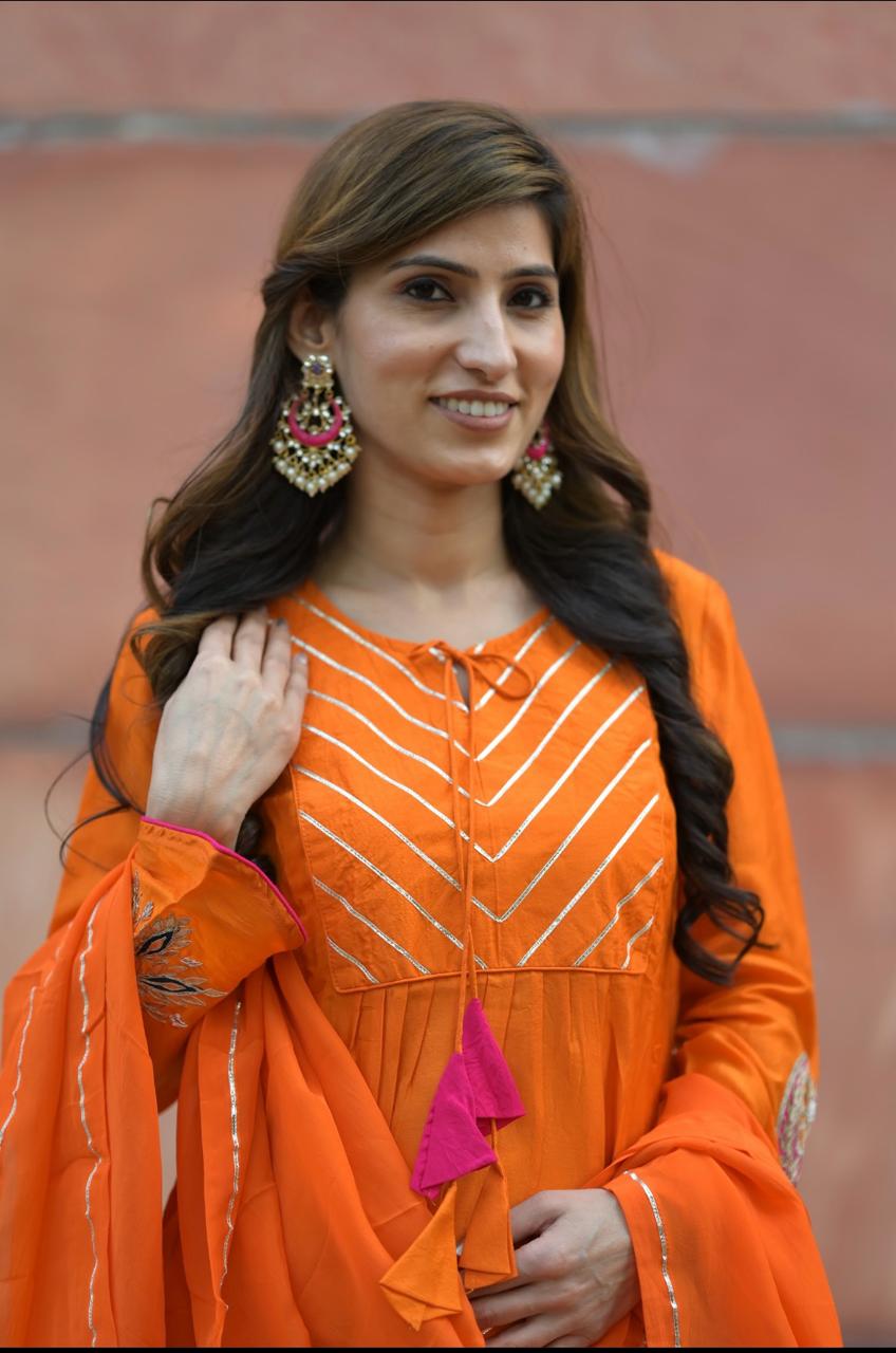 Orange Russian Silk Kurta Pant With Dupatta Set