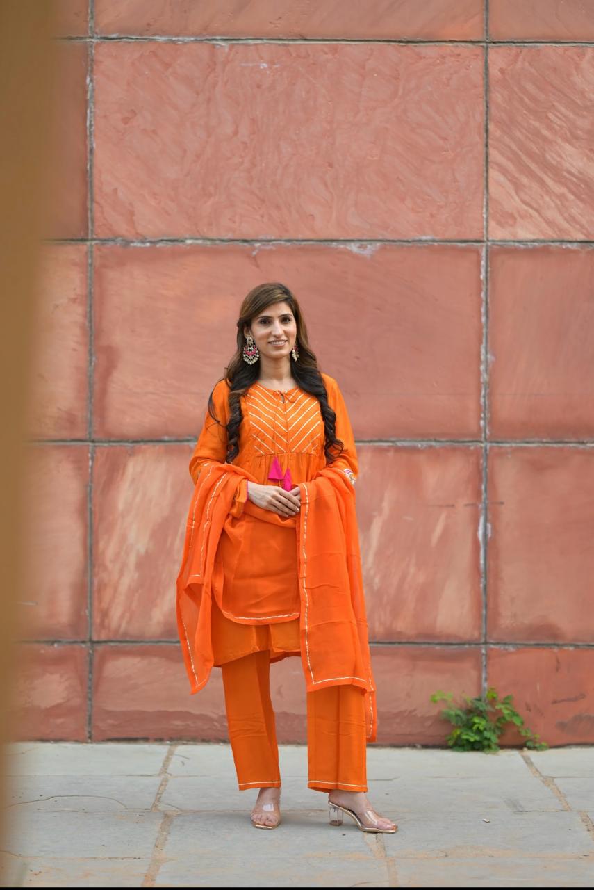 Orange Russian Silk Kurta Pant With Dupatta Set