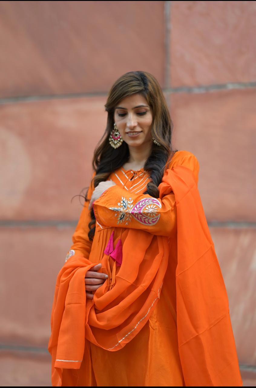 Orange Russian Silk Kurta Pant With Dupatta Set