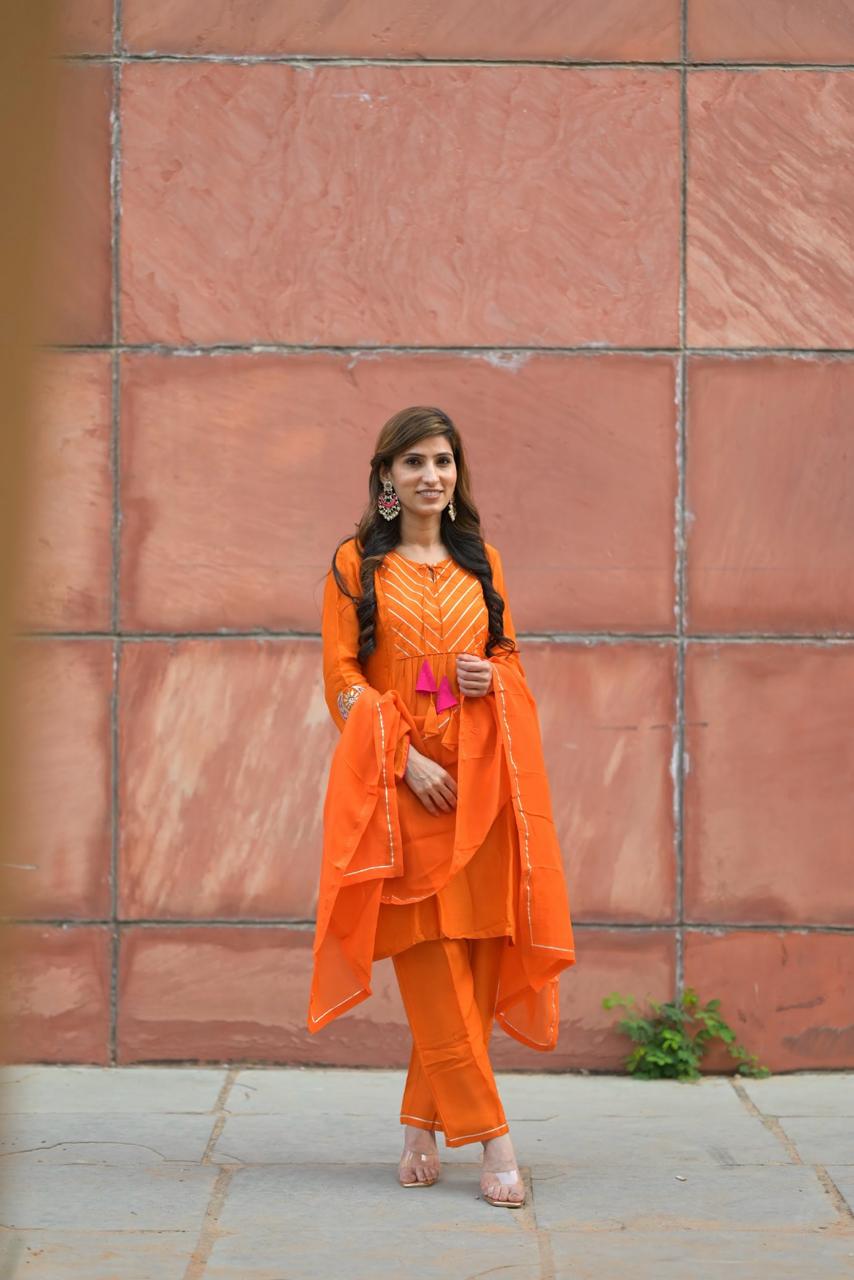 Orange Russian Silk Kurta Pant With Dupatta Set