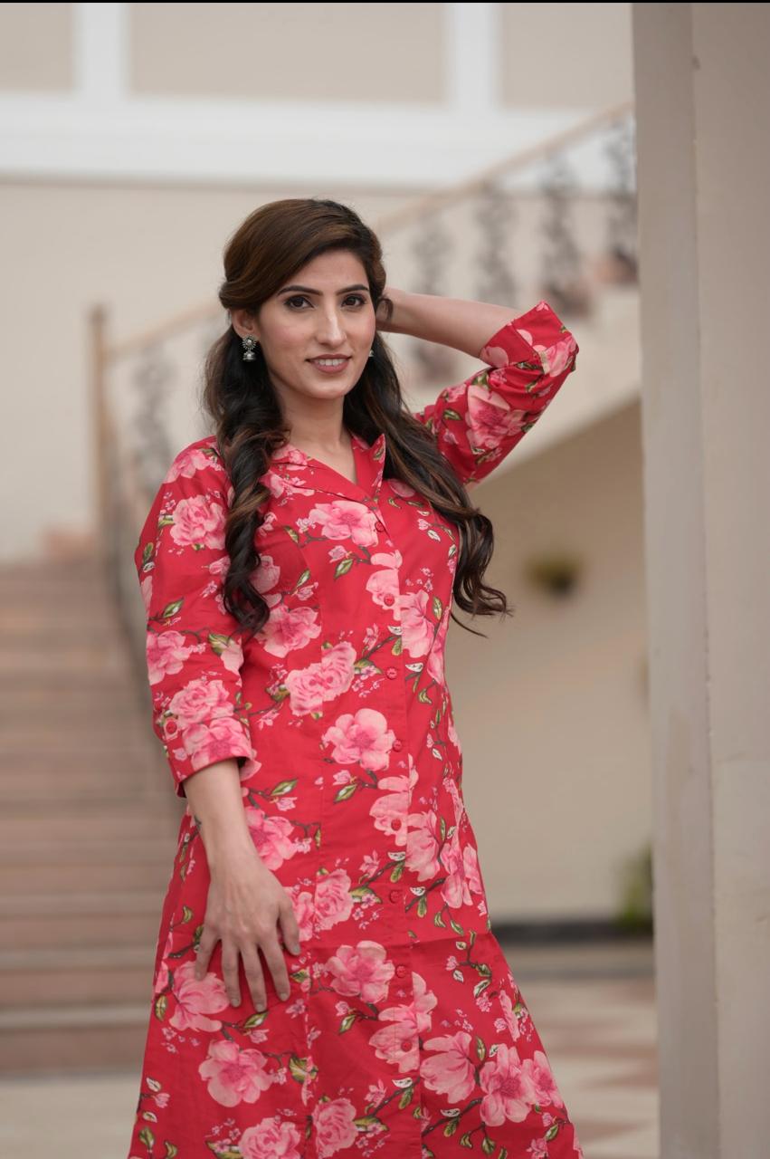 Red Flower Printed Kurta pant set