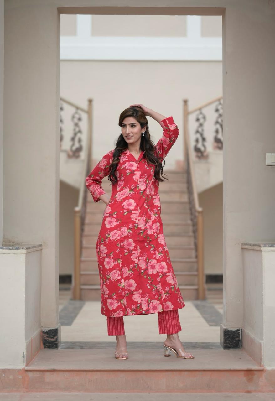 Red Flower Printed Kurta pant set