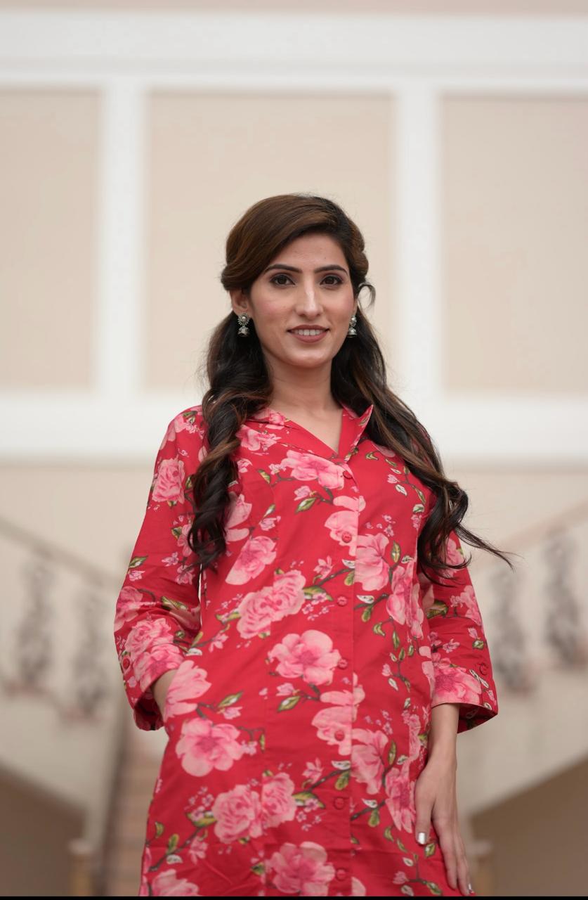 Red Flower Printed Kurta pant set