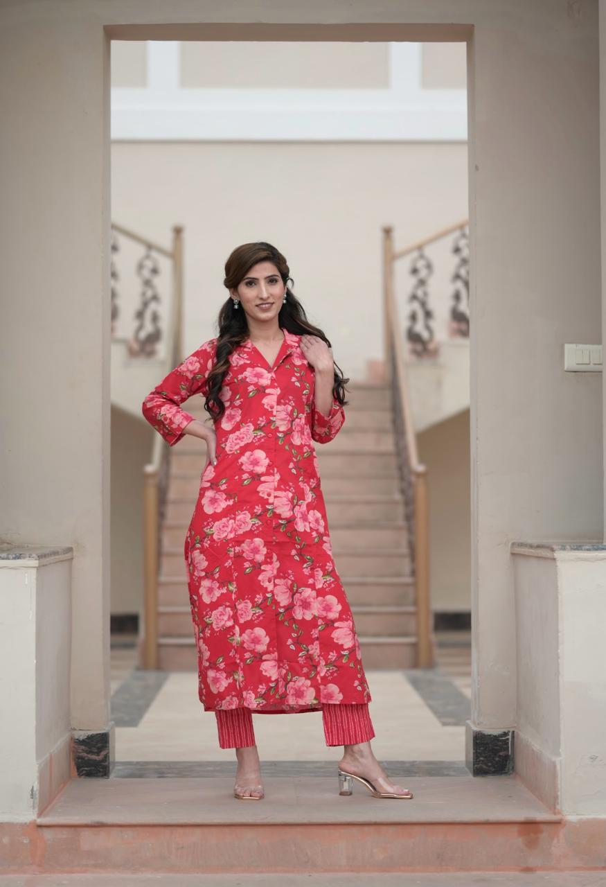 Red Flower Printed Kurta pant set