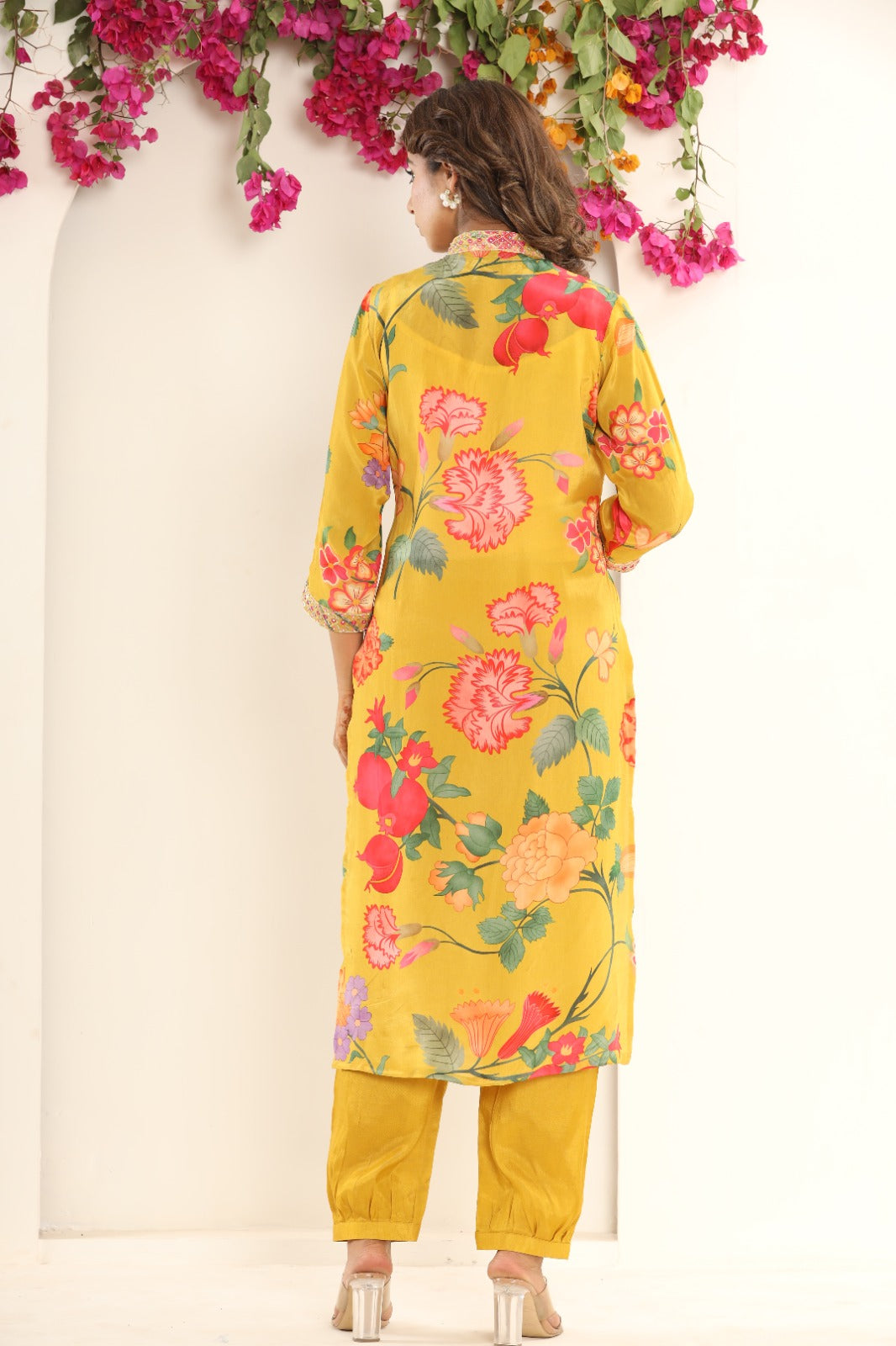 Yellow Flower Crape Kurta Pant Set