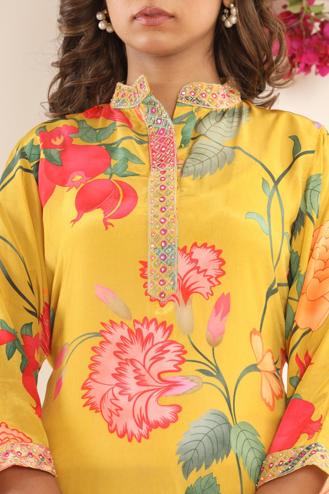 Yellow Flower Crape Kurta Pant Set