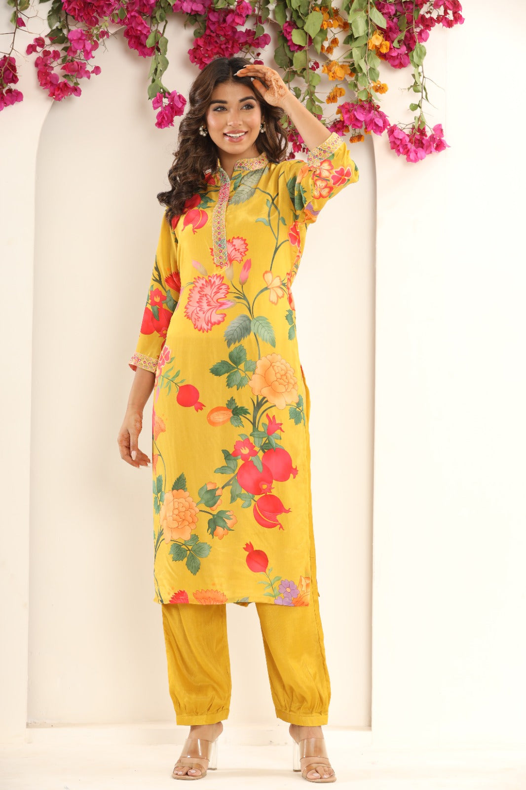 Yellow Flower Crape Kurta Pant Set