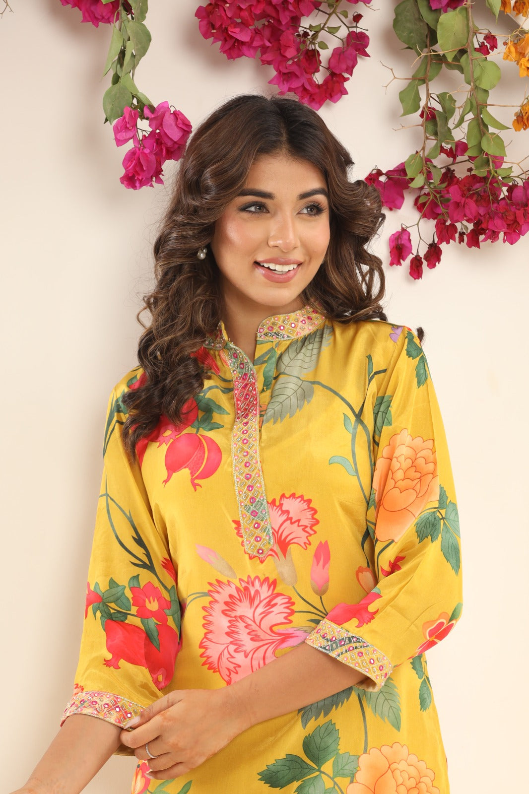 Yellow Flower Crape Kurta Pant Set