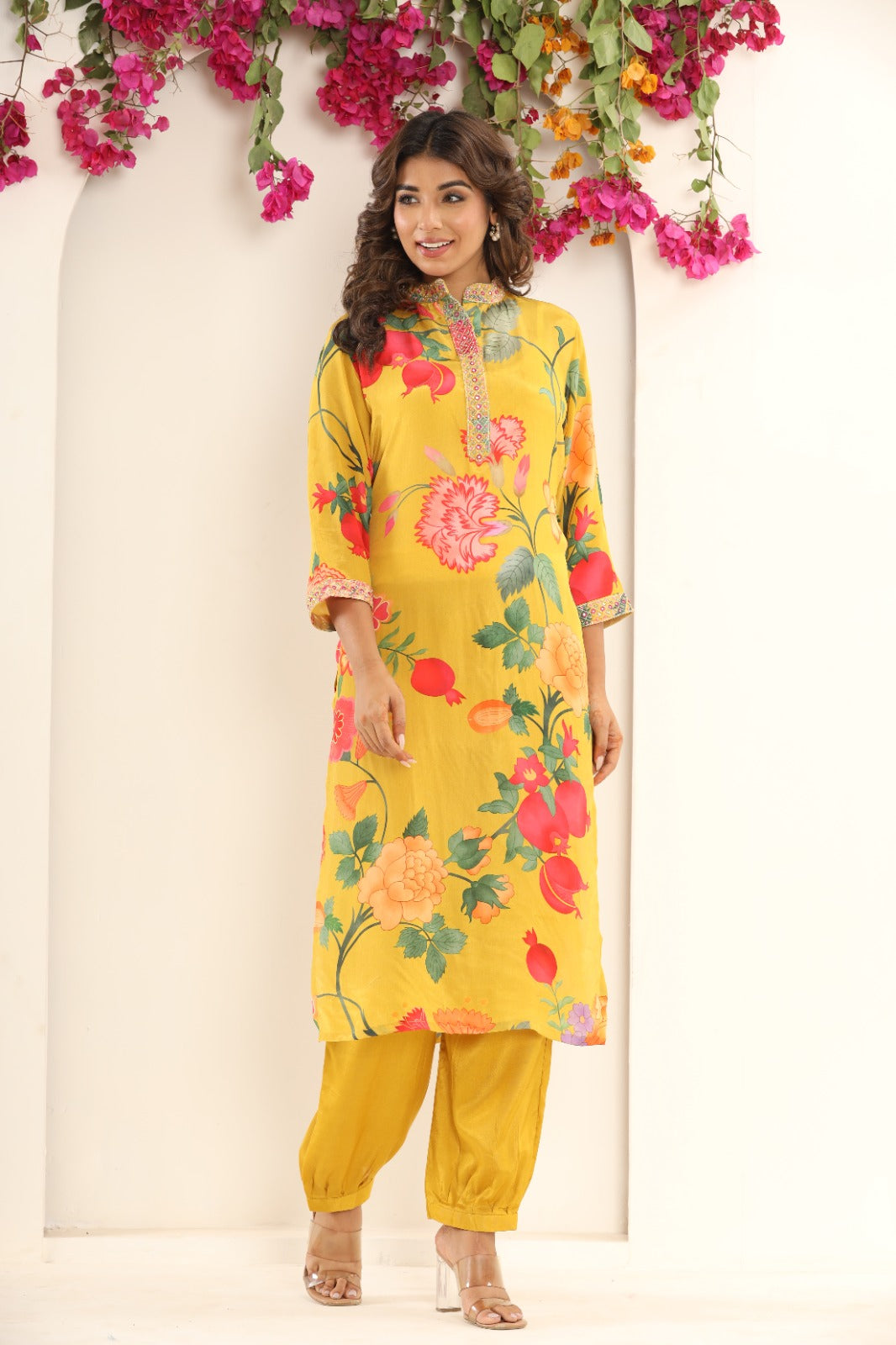 Yellow Flower Crape Kurta Pant Set