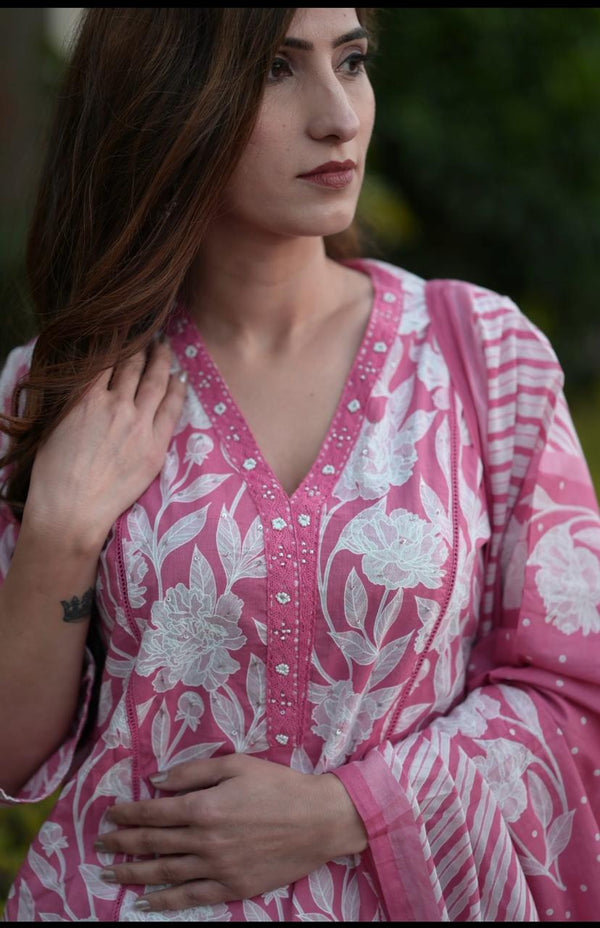 Pink Cotton Dupatta Set