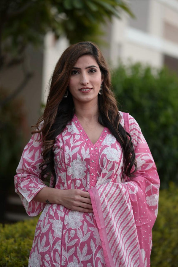 Pink Cotton Dupatta Set
