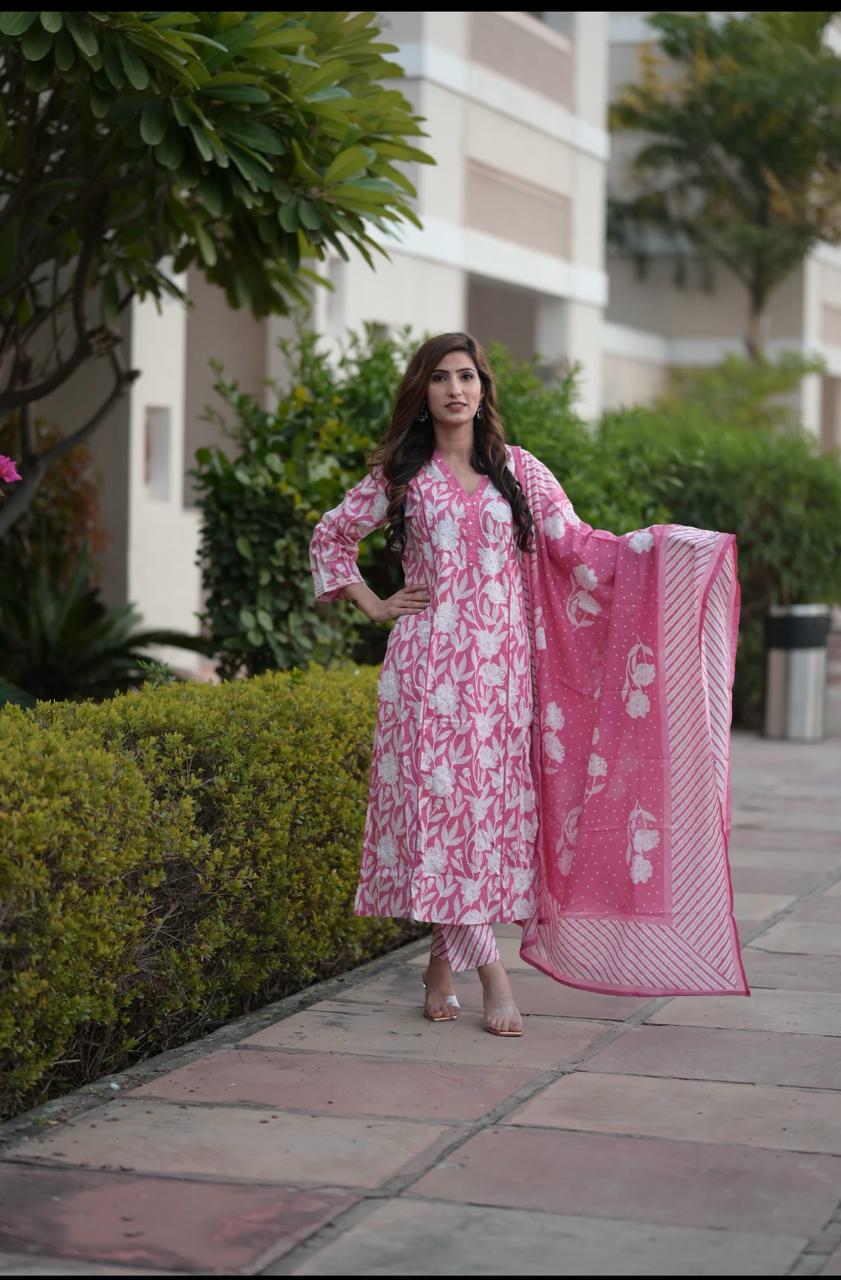 Pink Cotton Dupatta Set