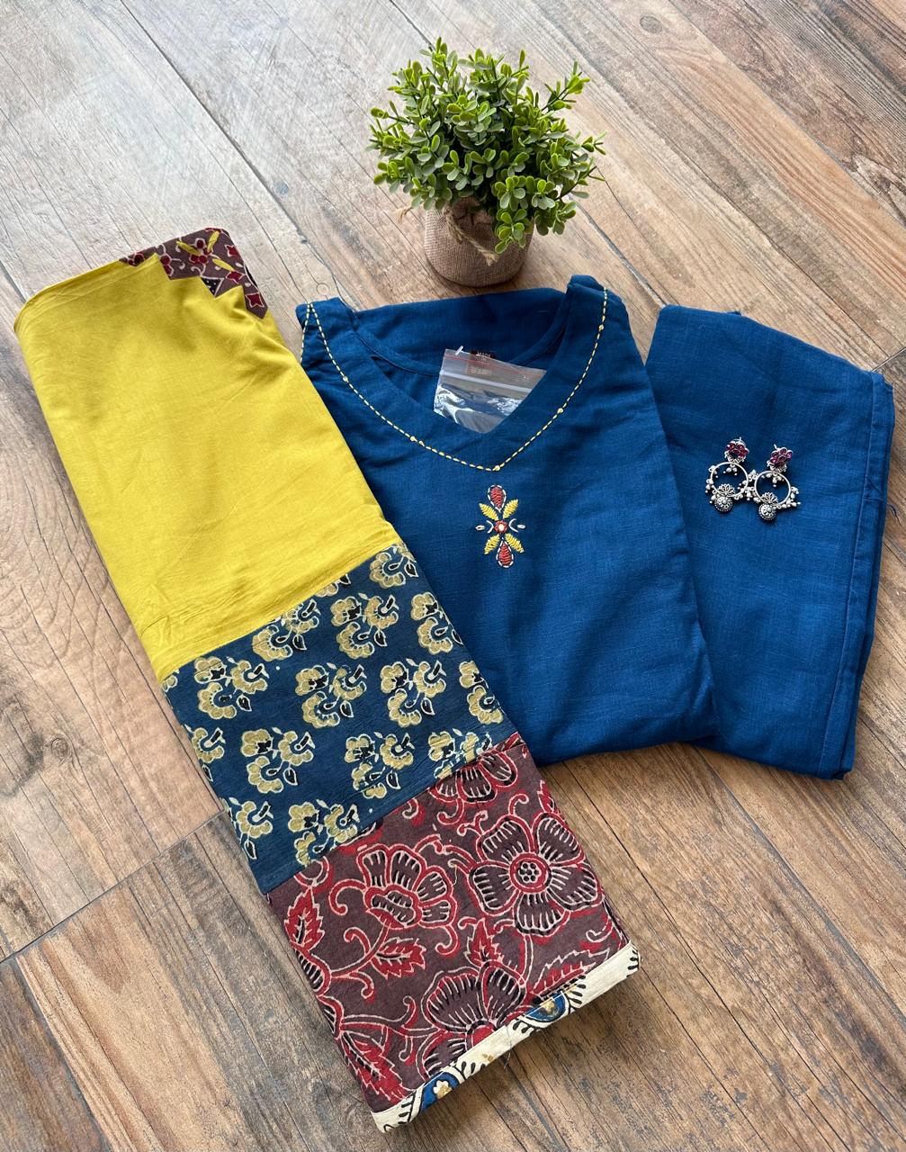 Blue Slub Cotton Kurta Pant Set (Sleeve Attached With Kurta)