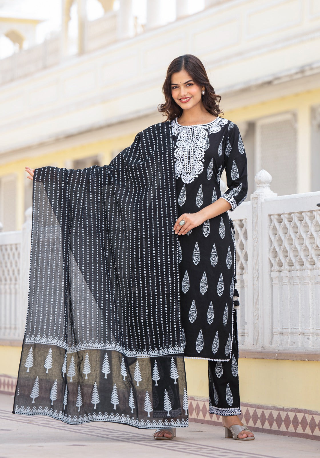 Black Mul Cotton Kurta Dupatta set