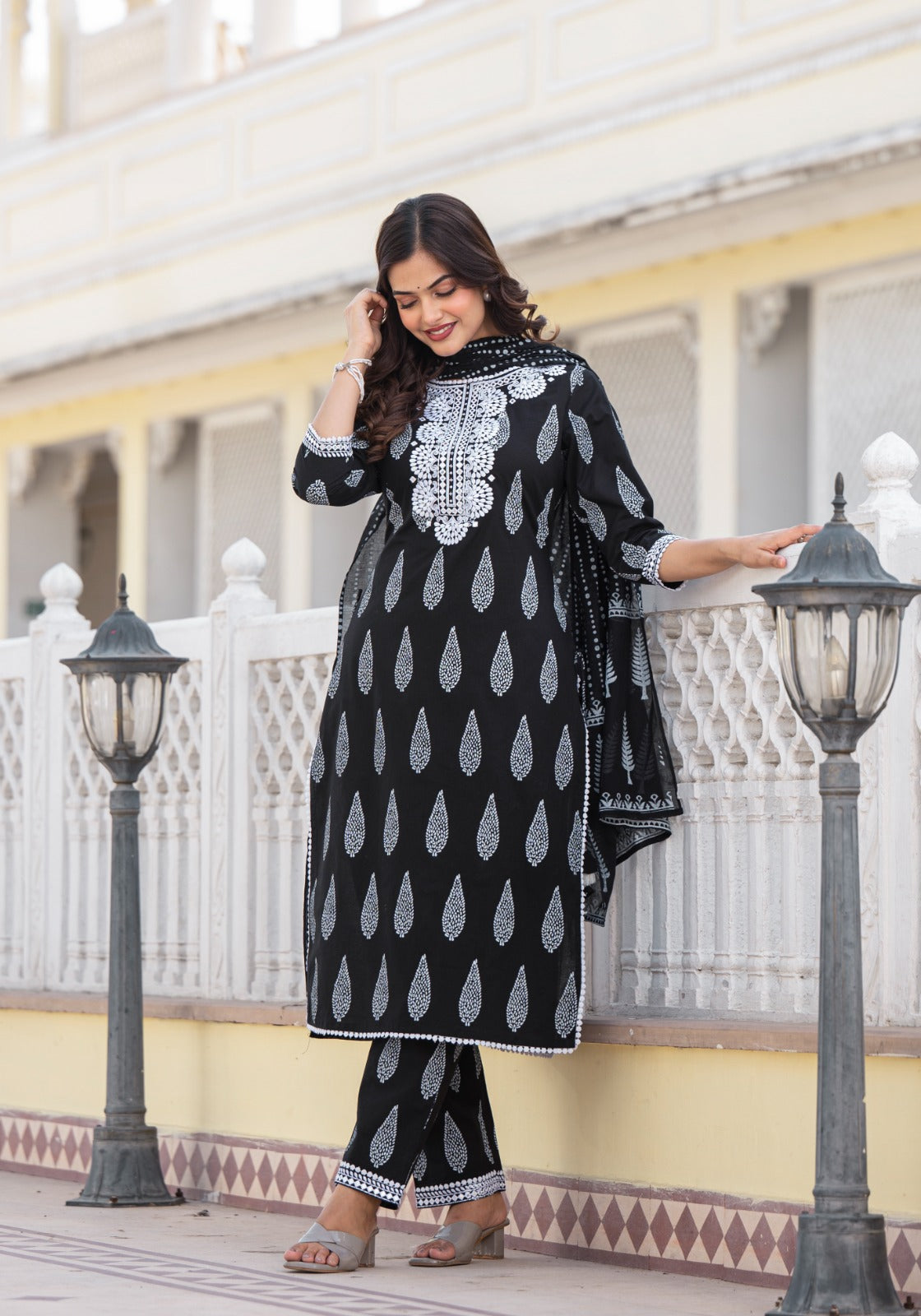 Black Mul Cotton Kurta Dupatta set