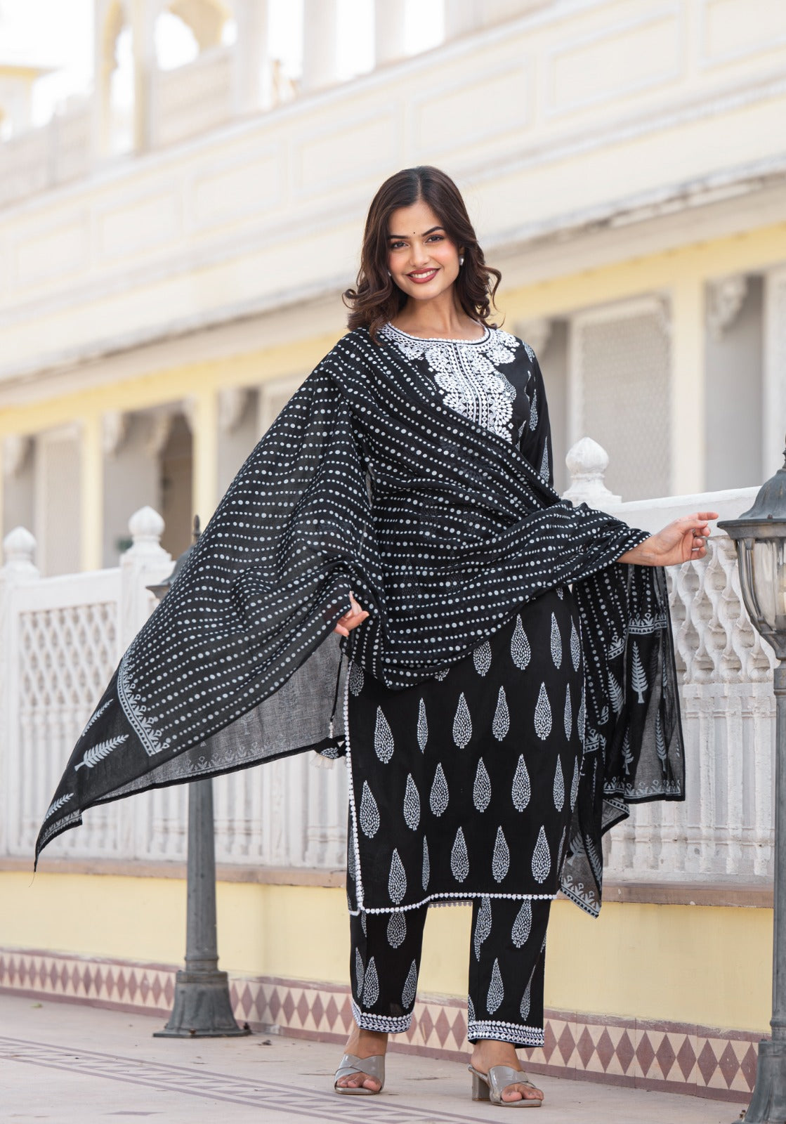 Black Mul Cotton Kurta Dupatta set