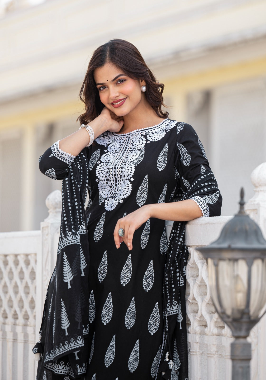 Black Mul Cotton Kurta Dupatta set