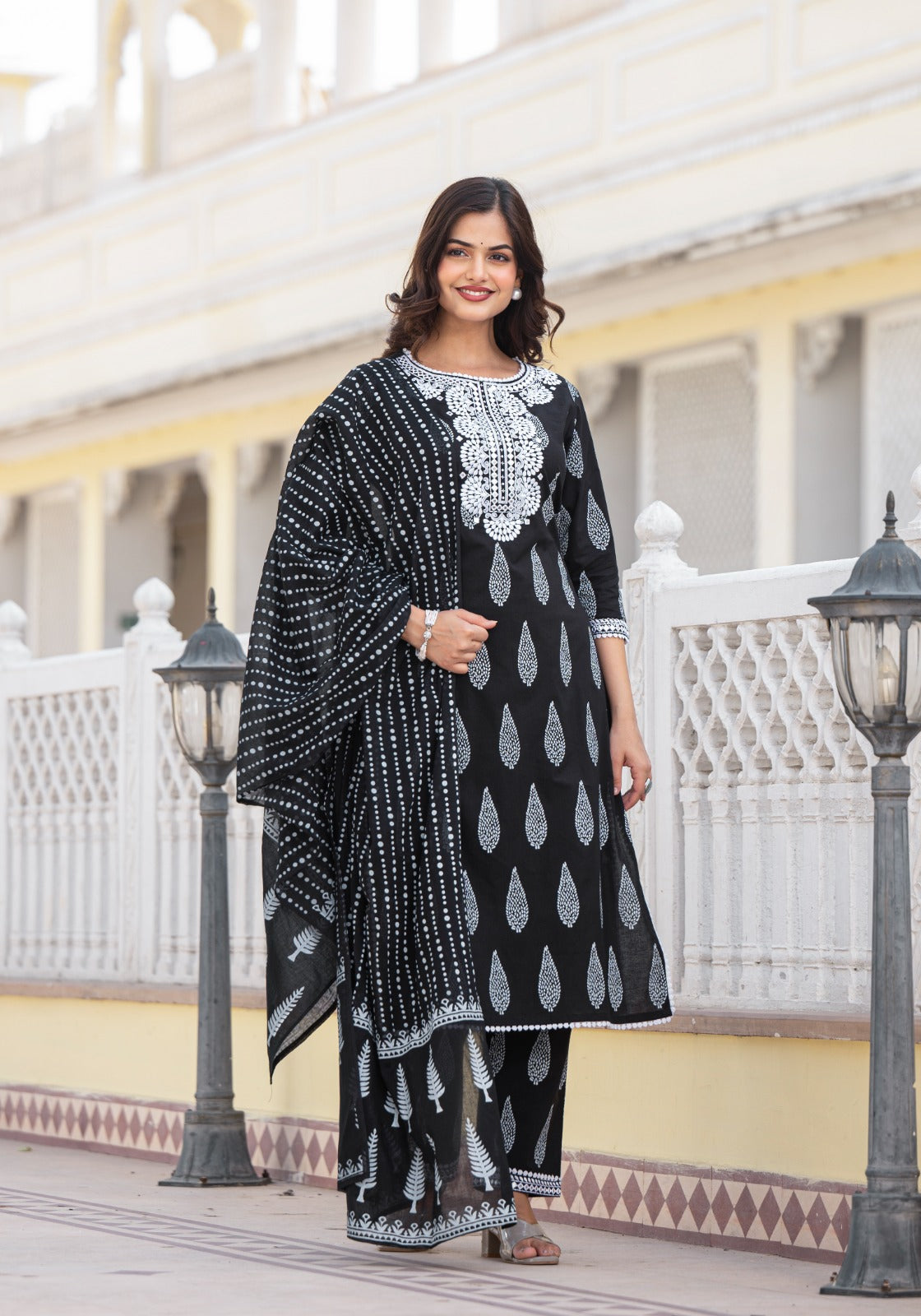 Black Mul Cotton Kurta Dupatta set