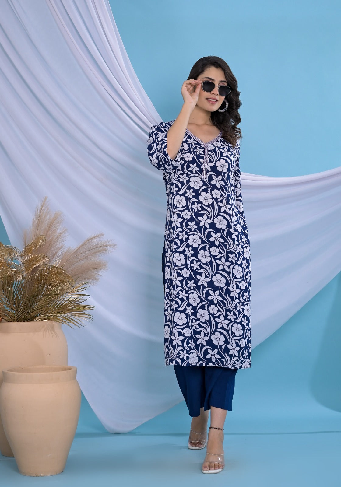 Blue Rayon Kurta Pant Set